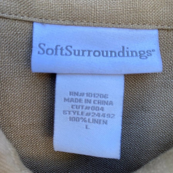 Soft Surroundings Tan 100% Linen Lagenlook long line button front shirt sz L - Picture 9 of 11